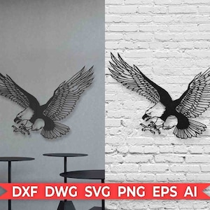 May include: Black silhouette of an eagle with wings spread wide, in a flying pose. The eagle is facing right and has its talons extended. The image is suitable for use as a cut file for crafting projects.