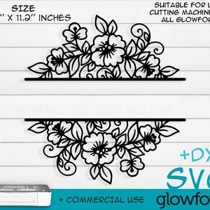 May include: Black and white floral design SVG and DXF files for laser cutting machines. The design is 10.75 inches by 11.2 inches and is suitable for Glowforge.