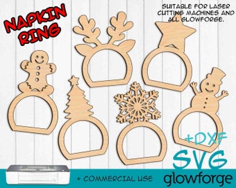 Puede incluir: Conjunto de seis anillos de servilleta de madera cortados con láser con temas navideños. Los diseños incluyen un hombre de jengibre, un árbol de Navidad, un copo de nieve, un reno, un muñeco de nieve y una estrella. El texto "+DXF SVG glowforge" y "+COMMERCIAL USE" también se incluyen en la imagen.