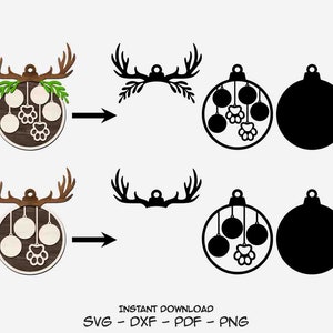Ornamenti di Natale, 2022, Set di ornamenti di famiglia, zampa, animale domestico, corna di renna, Glowforge SVG, taglio laser DXF, download istantaneo, pronto da tagliare