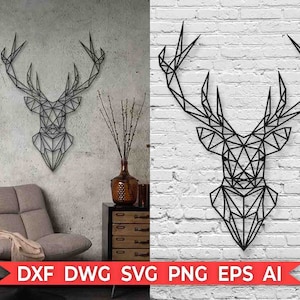 Dekoracja ścienna z jeleniem Wektorowy szablon wycinany laserowo Wytnij plik Natychmiastowe pobieranie Dxf Svg Ai Szablon do cięcia Sylwetka Domowa sztuka ścienna Geometryczne zwierzę