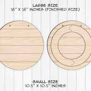 Op de afbeelding: Twee onafgewerkte ronde houten borden, een met een ronde uitsnijding in het midden. Het grotere bord heeft een diameter van 18 inch en het kleinere bord heeft een diameter van 10,5 inch. Beide borden hebben een houtnerfpatroon.