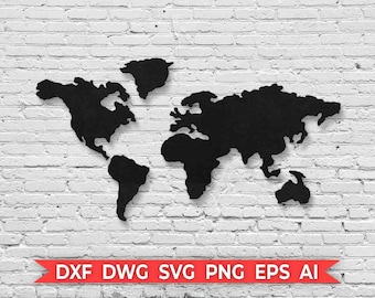 Może przedstawiać: Czarna sylwetka mapy świata na tle białej ceglanej ściany. Obraz zawiera tekst "DXF DWG SVG PNG EPS AI".