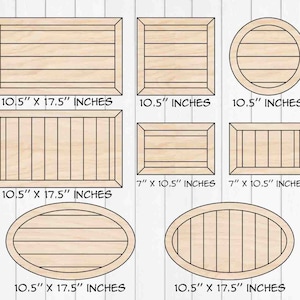 May include: Six wooden signs of various shapes and sizes, including rectangular and oval. The signs are all made of natural wood with a light brown finish. The signs are blank and ready to be personalized. The signs are labeled with their dimensions in inches.