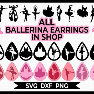Può includere: Una collezione di file di taglio digitale per orecchini a ballerina. L'immagine mostra una varietà di design di orecchini, tra cui ballerine, tutù e scarpe. Il testo "ALL BALLERINA EARRINGS IN SHOP" è visualizzato al centro dell'immagine. Il testo "SVG DXF PNG" è visualizzato nella parte inferiore dell'immagine.