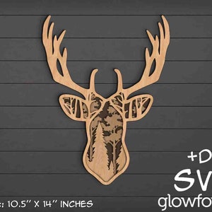 May include: A wooden cutout of a deer head with a forest scene inside the antlers. The deer head is 10.5 inches by 14 inches. The text "+DXF SVG glowforge" is in the bottom right corner of the image.