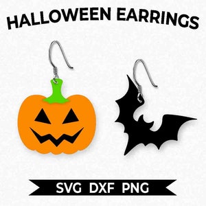 May include: A pair of Halloween-themed earrings. One earring features a black bat silhouette, and the other earring features an orange pumpkin with a green stem and a jack-o'-lantern face. The earrings are made of metal and have a hook closure. SVG DXF PNG