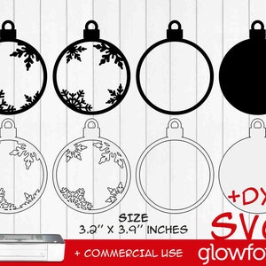 Könnte beinhalten: Ein Satz von sechs schwarzen und weißen Ornament-SVG-Schnittdateien mit einem Schneeflocken-Design. Die Ornamente sind 3,2 Zoll mal 3,9 Zoll groß. Die Dateien sind mit Glowforge kompatibel und beinhalten eine DXF-Datei.