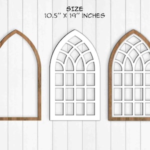 May include: Three wooden arched window frames, one with a simple design and two with a detailed grid pattern. The frames are 10.5 inches by 19 inches.