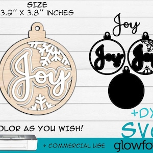 Joy, Adorno de Navidad 2022, Glowforge SVG, Archivo de corte, Descarga instantánea, Capas, Decoraciones de árboles, Corte por láser, Plantilla de corte