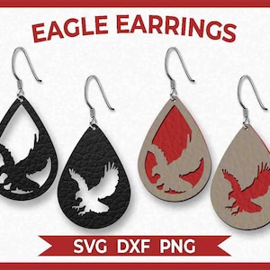 Puede incluir: Tres pares de pendientes colgantes con una silueta de águila recortada en cuero. Los pendientes están disponibles en cuero negro, rojo y marrón.