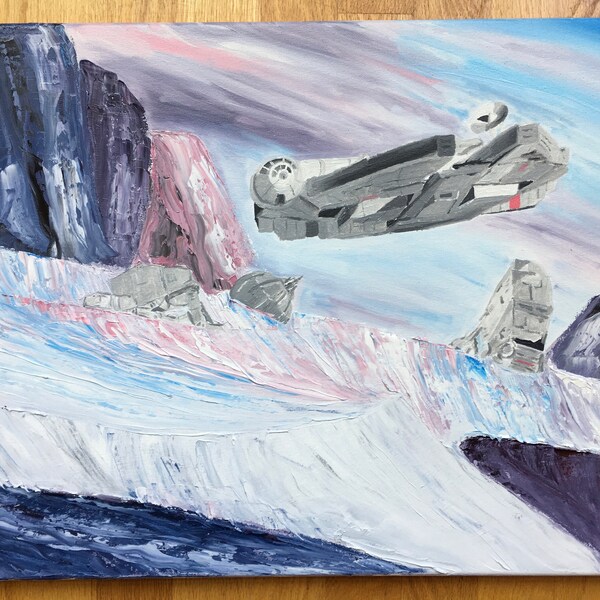 Oil painting original with optional frame- “Escape from Hoth” - Star Wars Millennium Falcon 16”x20”