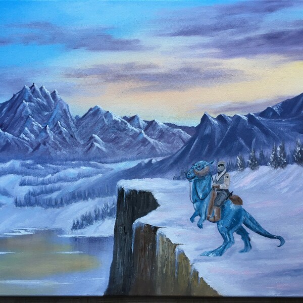 Oil painting original landscape Star Wars tauntaun mountains 18”x24”