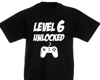 New Level 6 Unlocked Boys T-Shirt, 6th Birthday Gift Present For 6 Year Old Boys Girls Kids Gamer Son Daughter