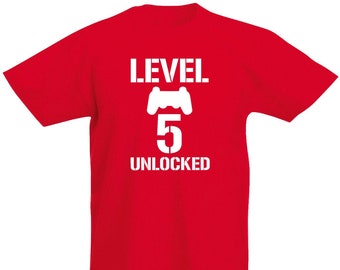 Level 5 Unlocked Boys T-Shirt, 5th Birthday Gift Present For 5 Year Old Boys Kids Gamer Son