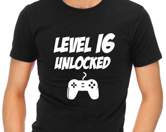 New Level 16 Unlocked Boys T-Shirt 16th Birthday Gift Presents For 16 Year Old Boys, Son, Gamer