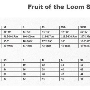 May include: A size chart for Fruit of the Loom clothing. The chart includes sizes for men and women, with measurements in inches and centimeters. The chart also includes international sizing conversions for women.