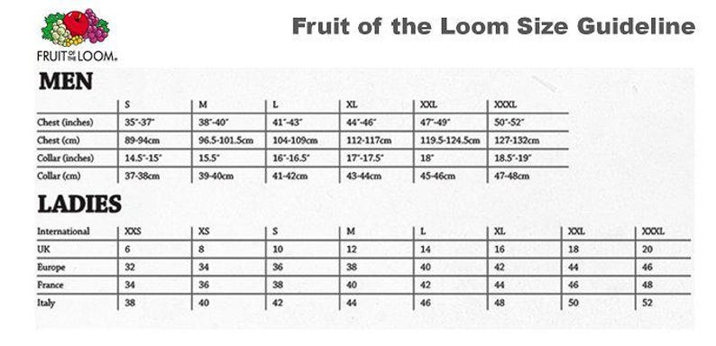 May include: A size chart for Fruit of the Loom clothing. The chart includes sizes for men and women, with measurements in inches and centimeters. The chart also includes international sizing conversions for women.