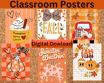 May include: Set of six digital printable classroom posters with a fall theme. The posters feature illustrations of pumpkins, leaves, a coffee cup, a sweater, and a truck. The text on the posters includes "Fall is in the air", "Pumpkin Spice Lover", "Fall", "Sweater Weather", and "Fall Vibes".