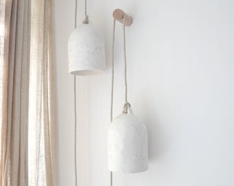Bell shaped, organic, handmade plastered paper mache lamp with fixture and wall mount, Mediterranean, wabi sabi, boho, Scandinavian, Japandi