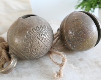 Old brass bells from India, with text, cord, image, fish, leaves, vintage, engraved, gift