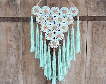 Handmade crochet mandala wall hanger from Bali, boho, sea green/mint, wooden beads, gift, fringe