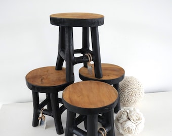 Tabouret XXS en bois, fait main, Inde, bohème, cuisine, salle de bain, présentoir, contremarche, jardinière, noir