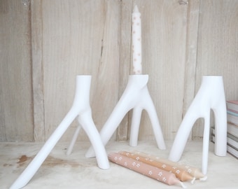 Candle holder made from a branch, white, boho, gift, housewarming, hand carved, handmade in Indonesia