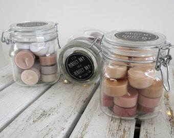 Weck/preserving jar with different colored tea lights, with text, gift, birthday, Christmas, winter, candles