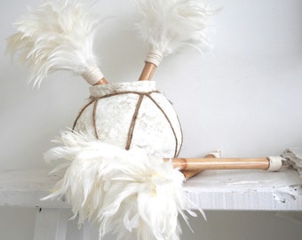 Bamboo stick with feathers, decoration brush, white, boho, bowl filler, cotton cord, plumo, sweeper