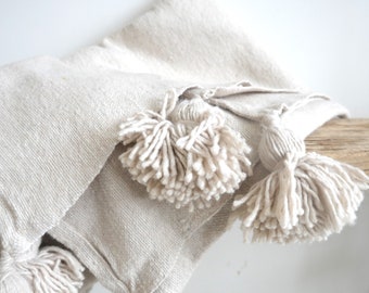 Beige or off white hand-woven cotton plaid with tassels, boho, rural, farmhouse, bed cover, sofa plaid, Morocco, blanket