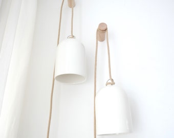 Lampe en céramique, fixation murale incluse, design scandinave, câble en lin, interrupteur, naturel, blanc, style Japandi, forme de cloche, E27