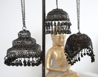 Set of 3 tin deco pendant from India, handmade, on chain, boho, delicate, detials, gift