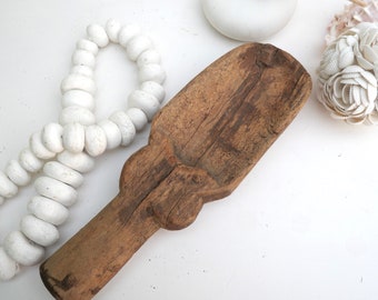 Old rustic wooden rice spoon, hand carved, kitchen tool, bowl filler, vintage, India, boho, gift