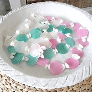 Pendant of capiz shells in round shape, white, green, pink, garland, boho, brocante, gift