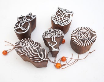 Set of 5 wooden stamps, hand carved, India, craft, bowl filler, bohemian, bohemian, gift