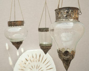 Oriental glass lantern with silver chain, boho hanging candle holder, Moroccan style vintage decor.