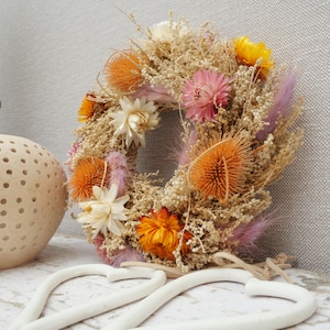 Dried flower wreath, boho wall decor in orange and purple, handmade in natural tones, housewarming gift, hippie boho, boho chic