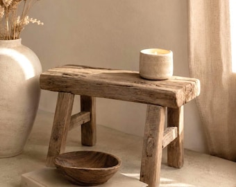 Taburete XS de madera vintage, hecho a mano en India, rústico, bohemio, cocina, baño, decoración, rural, elevador, taburete de olmo, taburete de ordeño
