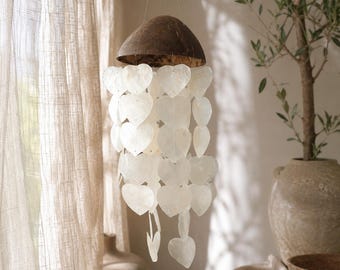 Herzförmiges Muschel- und Kokosnuss-Windspiel, Schnüre, Windspiel, Stranddeko, Geschenk, Klangspiel