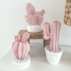 Pode incluir: Três esculturas de cactos cor-de-rosa em tecido em vasos brancos. Um vaso diz "I WILL SURVIVE", outro "BEAUTY IN RUINS" e o terceiro "CASA". Os cactos estão sobre uma superfície de madeira e uma superfície branca.