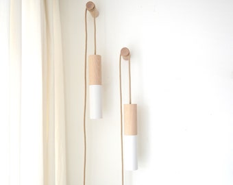 Wall lamp with cable and wall mounting, beech wood and metal, with 4m linen cable, switch and plug, white, modern, Japandi, classic, boho,