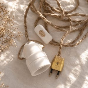 Puede incluir: Un casquillo de cerámica blanca unido a un cable de yute trenzado de color beige. El cable cuenta con un interruptor blanco con un botón central de efecto madera y un enchufe de metal dorado con dos clavijas. El cable forma un bucle.
