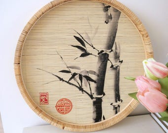 Bamboo tray with hand-painted bamboo motif, Japanese zen style wall decor, round natural bamboo serving tray, minimalist wall hanging