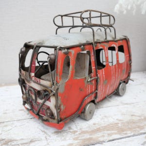 Handmade detailed volkswagen bus, recycled metal from india, retro red & blue van, industrial home decor, 60s decor, flower power style