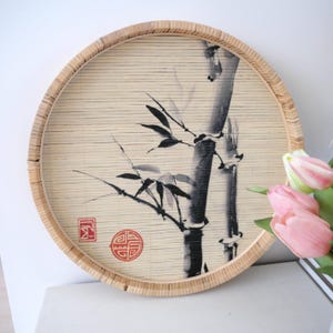 Bamboo tray with hand-painted bamboo motif, Japanese zen style wall decor, round natural bamboo serving tray, minimalist wall hanging