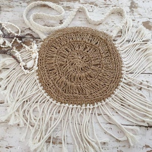 Round seagrass shoulder bag, bohemian, fringe, cotton braided shoulder strap, natural, gift