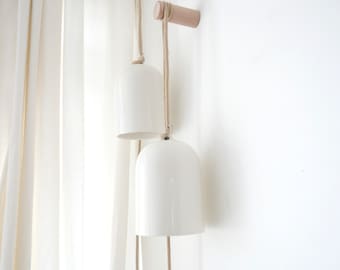 Ceramic lamp, including wall mounting,  Scandinavian design, linen cable, switch, natural, white, Japandi style, bell form, E27