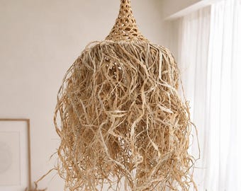 Rattan lampshade with raffia, boho lighting, Ibiza style, handmade in Bali, Indonesia, garden, veranda