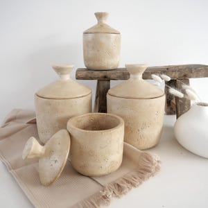 Japandi storage jar, travertine look, wabi sabi decor, ceramic-style canister with lid, beige concrete pottery, Japanese decor